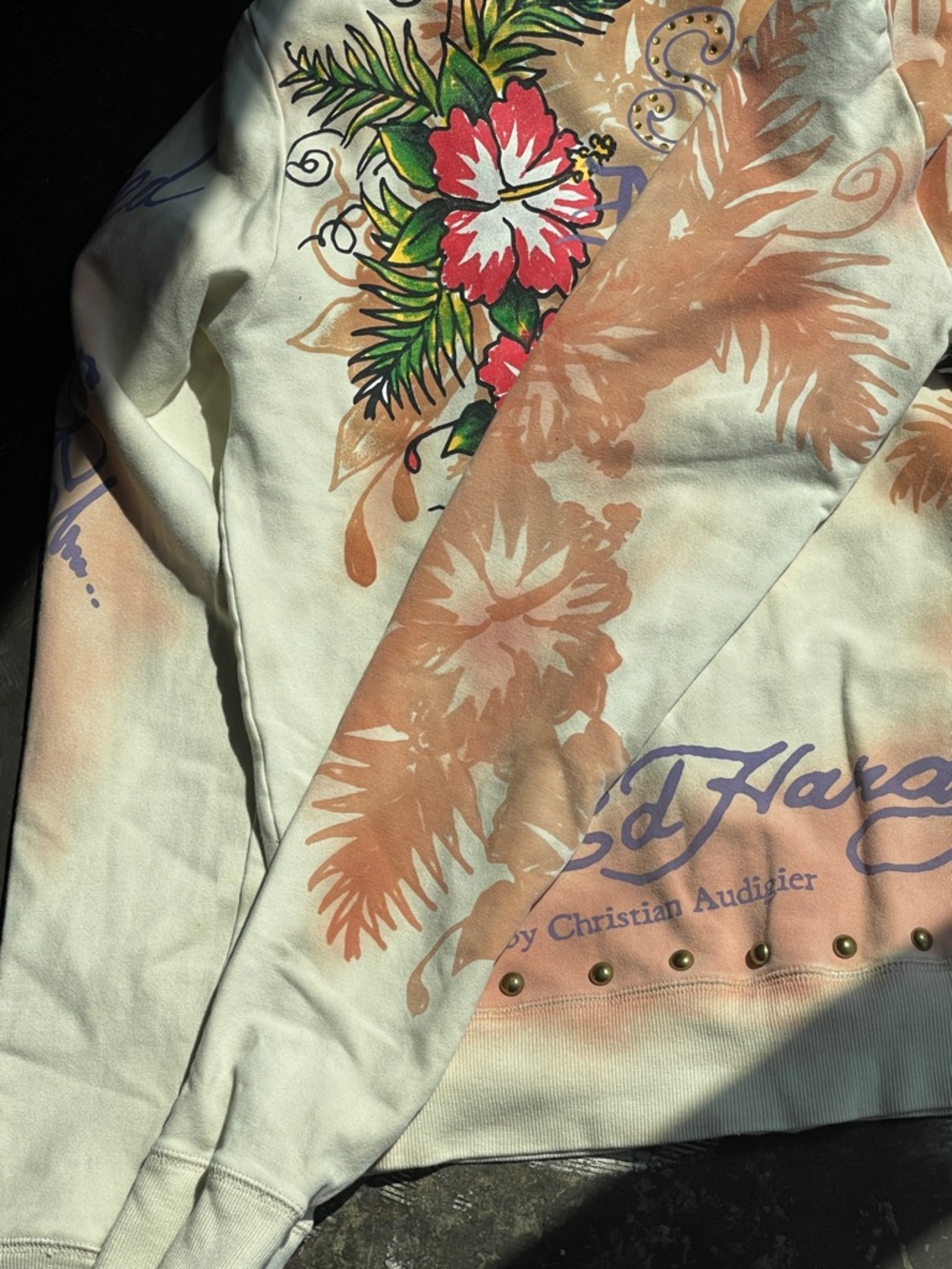 Ed Hardy Cream Hoodie with Purple and Gold Stud Accents - Picture 13 of 13